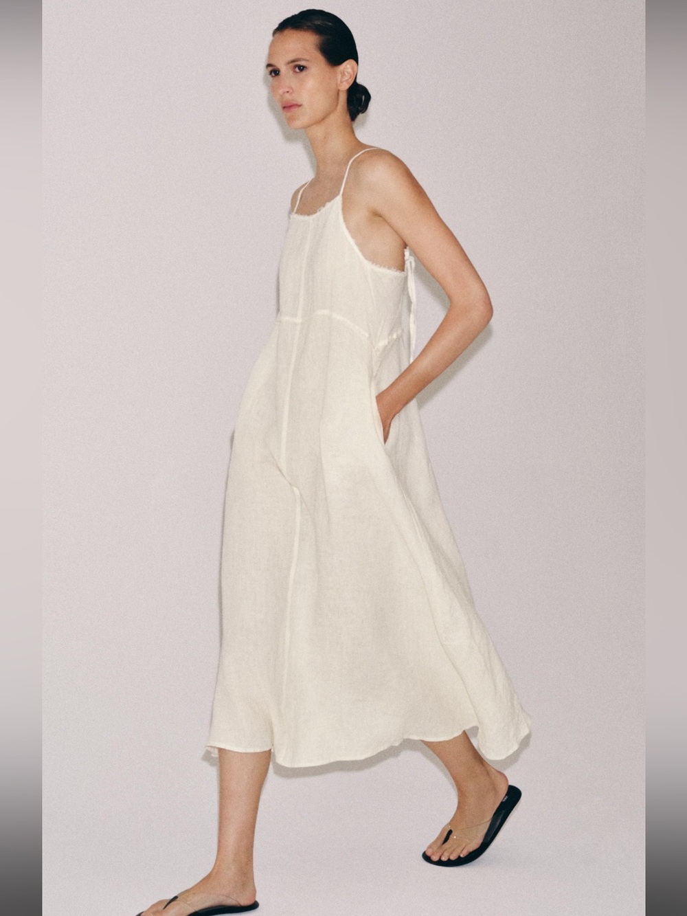 Zara Cream Linen Swing Midi Dress with Spaghetti Straps